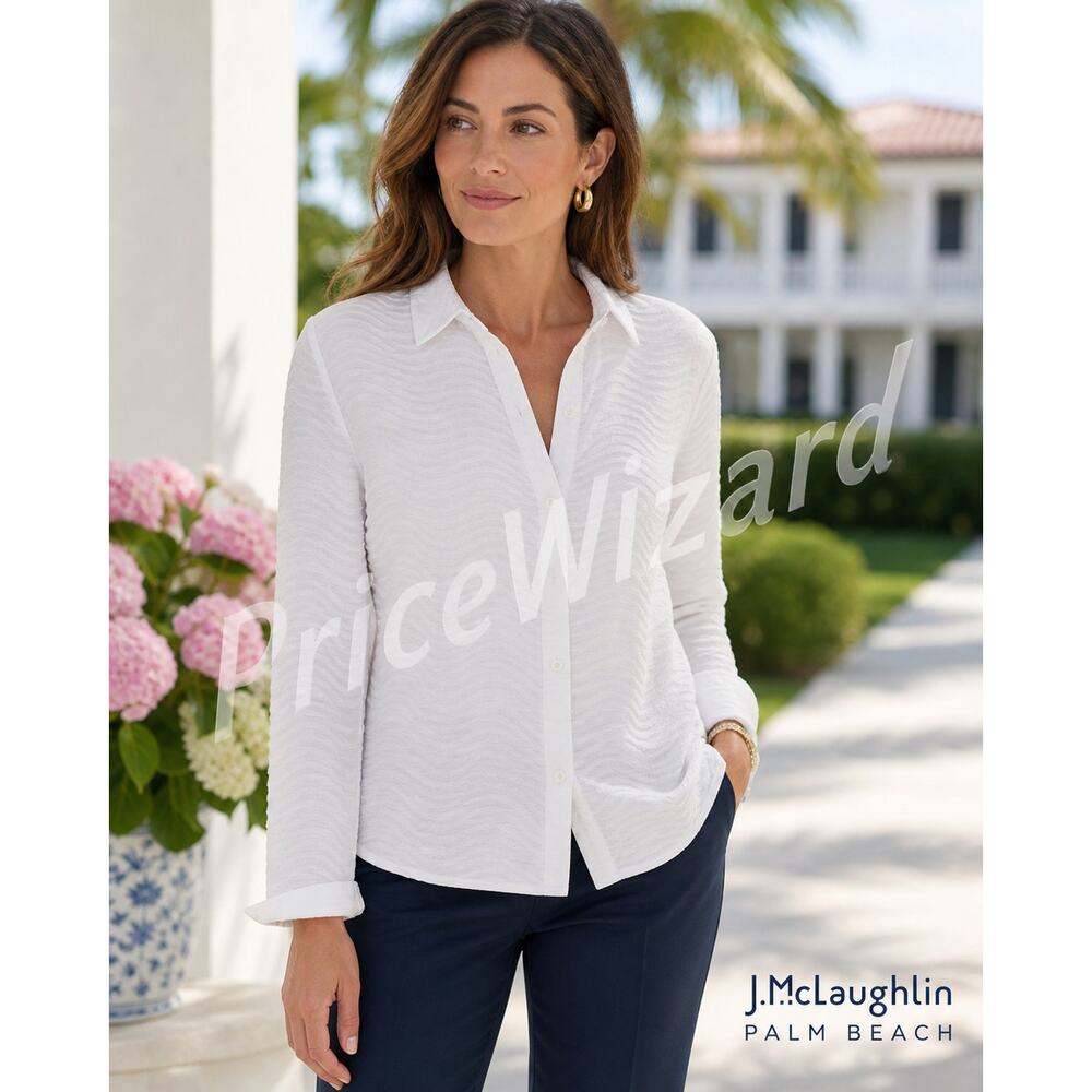 J McLaughlin Textured Blouse Womens Med White Button Front Stretch Top Classic